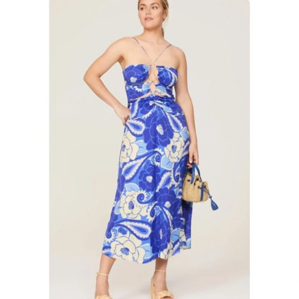 Farm Rio Blue Floral Cutout Halter Maxi Dress Tropical Print Boho Sleeveless | M - Picture 5 of 13